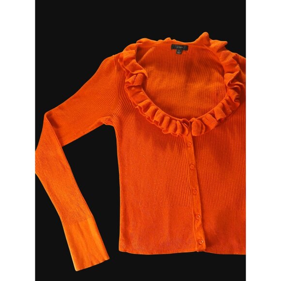 J Crew Orange Silk Cashmere Blend Ruffle Cardigan Sweater L Open Low Neckline - Picture 4 of 11
